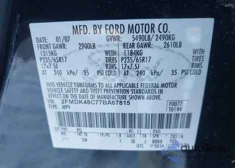 2007 Ford Edge Sel from USA, damaged, VIN 2FMDK48C77BA67815
